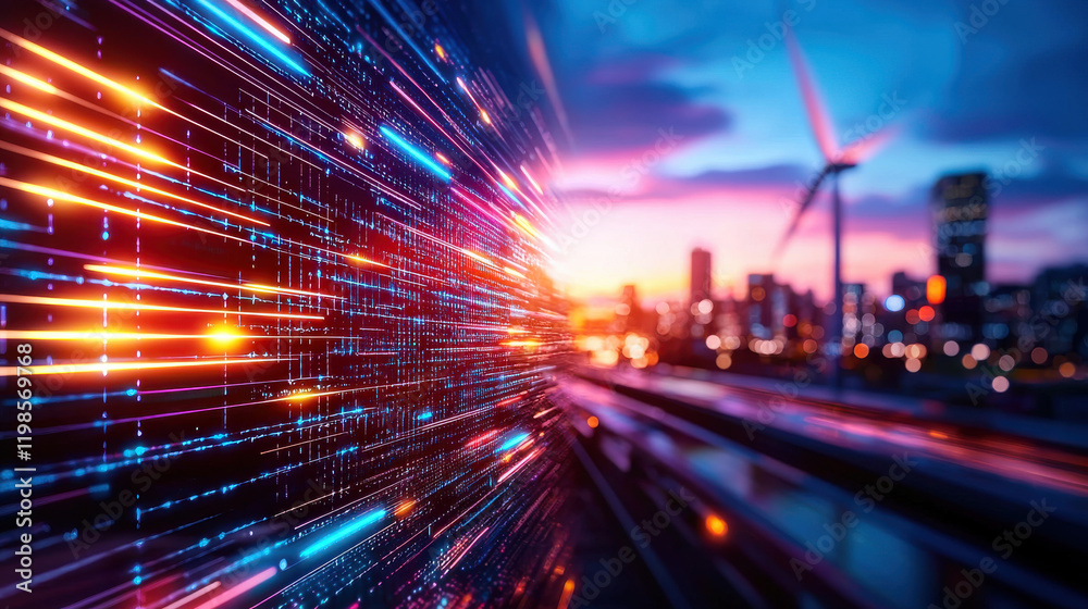 Fototapeta premium Futuristic cityscape with vibrant lights and renewable energy sources, showcasing wind turbines and dynamic skyline at sunset, symbolizing innovation and sustainability