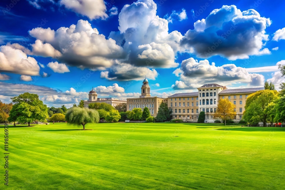 Obraz premium Expansive University Campus: Green Field, Classic Building, Blue Sky