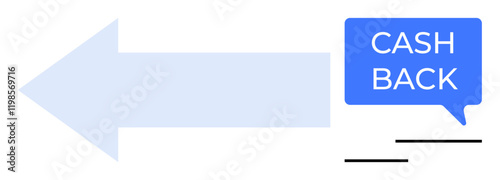 Blue left-pointing arrow next to a speech bubble with Cash Back text. Ideal for promotional offers, financial rewards, customer incentives, marketing campaigns, e-commerce benefits, loyalty programs