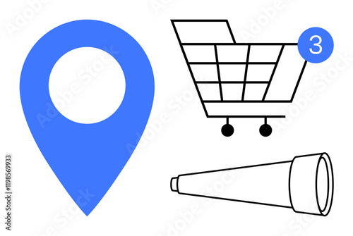 Geolocation marker, shopping cart with item count, and telescope. Ideal for e-commerce, online shopping, navigation, geolocation services, search tools retail business digital marketing. Line