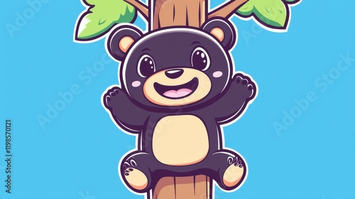 Playful cartoon bear climbing tree whimsical illustration bright colors fun art cheerful theme