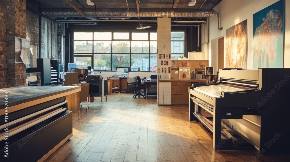 Spacious printshop with a large format inkjet printer on wood flooring, producing a high-resolution artwork. Spacious printshop with a large format inkjet printer on wood flooring, producing a high-resolution artwork.