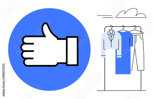 Thumbs up hand sign in blue circle next to minimalist clothing rack with hanging shirts and pants. Ideal for fashion branding, endorsements, approvals, online shopping, social media, stylist, retail