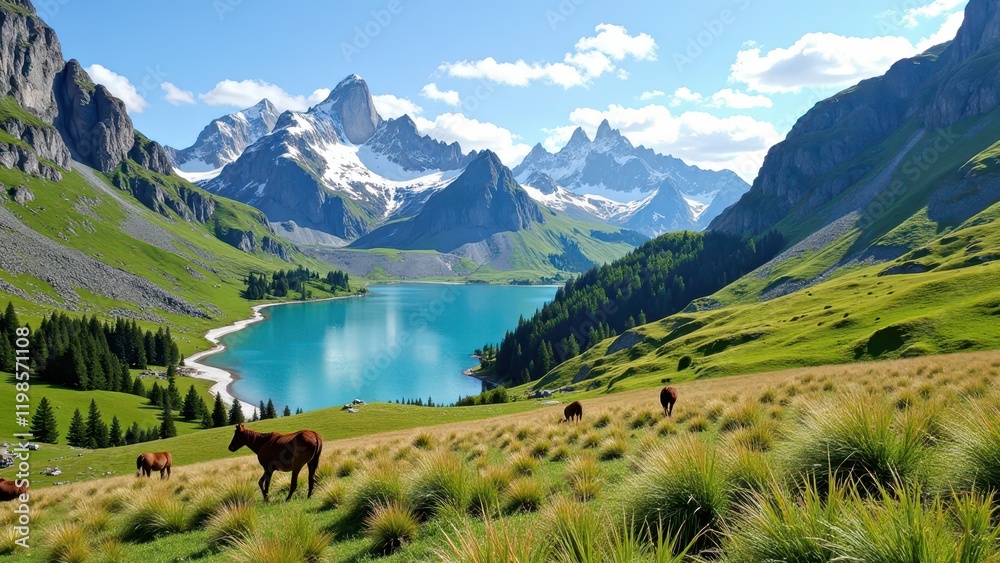 Obraz premium Grazing on lush, emerald grass under an expansive azure sky, six majestic brown horses stand united in the foreground, gazing towards a serene turquoise lake set against a verdant field. 