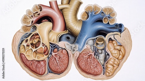 3D cross-section of the human heart, showcasing its chambers, valves, and blood flow pathways photo