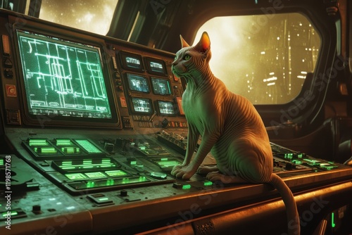 Sphynx cat on spaceship control panel in space scene
