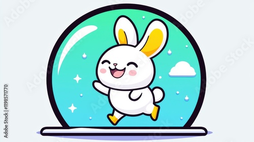 Happy rabbit playing in snow globe whimsical animation indoor colorful cheerful concept