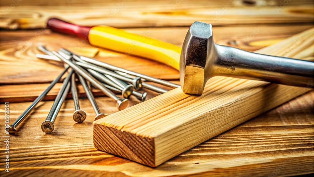 Aerial View: Four Nail Sets for Woodworking, Finishing Nails, Hammer, Wood Filler Aerial View: Four Nail Sets for Woodworking, Finishing Nails, Hammer, Wood Filler