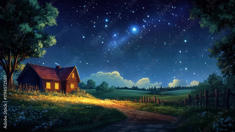 beautiful starry sky above a quiet countryside, where
