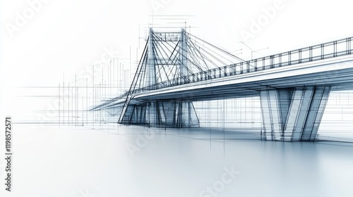 Engineer sketching concept. A modern architectural blueprint of a suspension bridge over calm water.