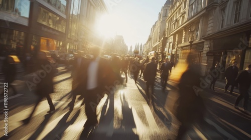A vibrant urban scene of a large crowd of people crossing a pedestrian crossing in a bustling city street.
