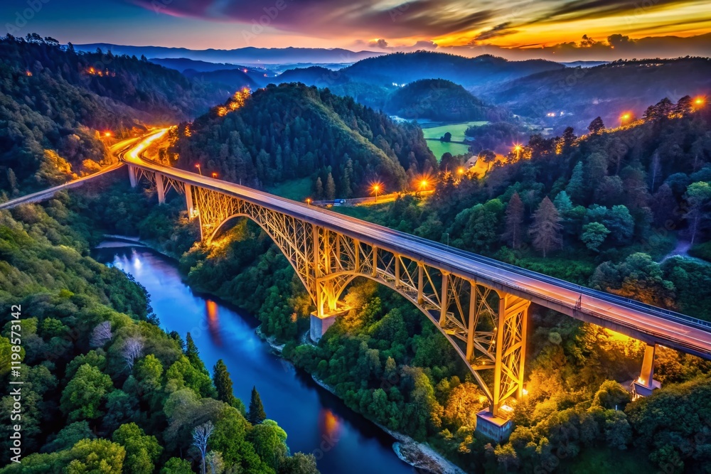 Fototapeta premium Foresthill Bridge Auburn California Aerial Drone View - Night Low Light Photography 4K