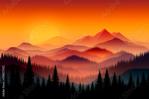 A mountain range with a sun in the sky photo