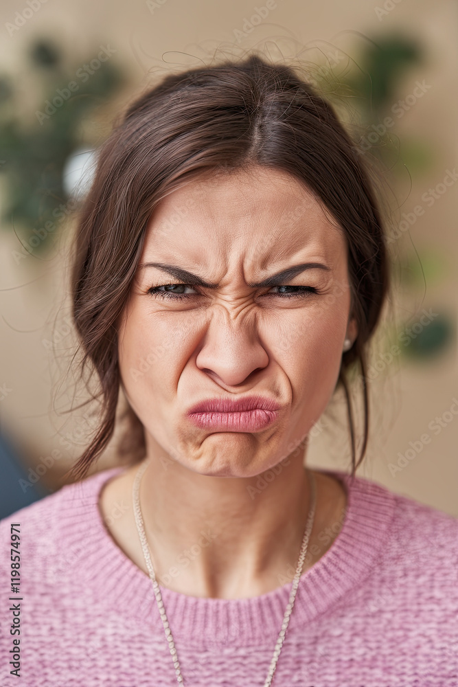 Woman with pursed lips and narrowed eyes, showing disapproval Woman with pursed lips and narrowed eyes, showing disapproval