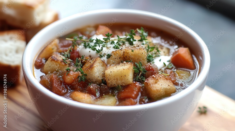 vegetable soup topped with a sprinkle of fresh thyme, a few croutons, and a dash of cream for a rich finish vegetable soup topped with a sprinkle of fresh thyme, a few croutons, and a dash of cream for a rich finish