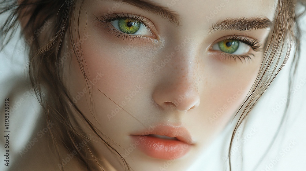 Close-up portrait, woman, green eyes, freckles, soft light, beauty Close-up portrait, woman, green eyes, freckles, soft light, beauty