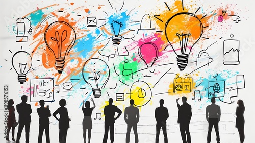 Diverse group brainstorming with colorful lightbulb ideas on a creative wall, representing teamwork and innovation in a business environment.