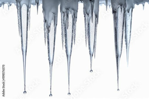 Icicles on a white background with frozen water drops photo