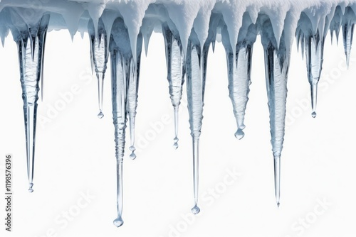 Icicles on a white background with frozen water drops photo