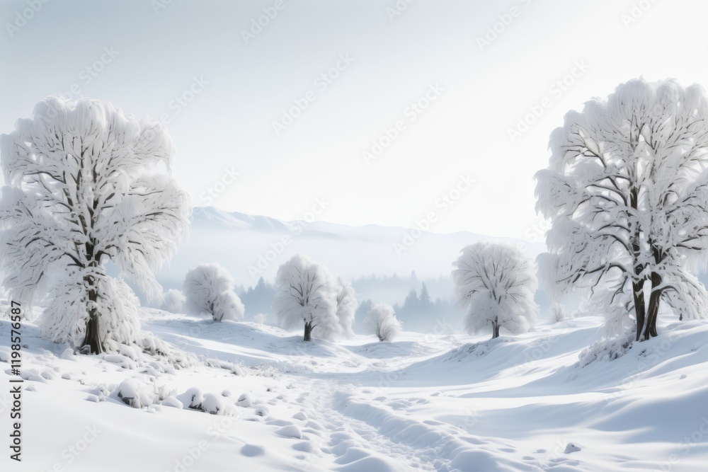 Snow covered trees in a winter landscape with a frosty forest and a path through the park on a cold day Snow covered trees in a winter landscape with a frosty forest and a path through the park on a cold day
