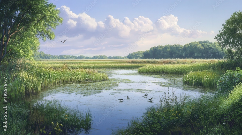 Fototapeta premium calm marsh with a network of streams, surrounded by lush green plants and small wildlife darting between the reeds and grasses