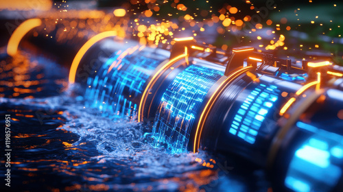 Futuristic hydroelectric dam with glowing pipes and flowing water, showcasing advanced technology and energy generation. captivating blend of nature and innovation photo