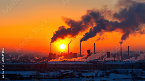 dramatic sunset over polluted city with smoke rising from factories, creating stark contrast