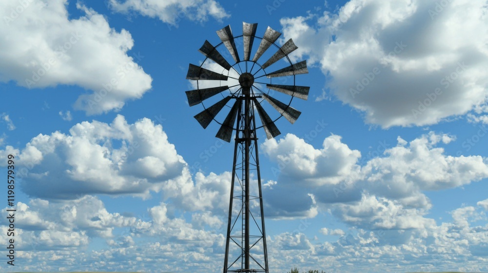 Rustic Windmill under a Dramatic Blue Sky with Fluffy Cumulus Clouds Rustic Windmill under a Dramatic Blue Sky with Fluffy Cumulus Clouds