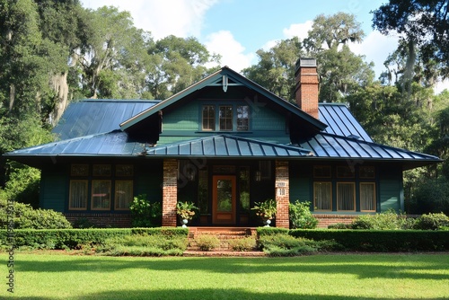 Green craftsman bungalow house with metal roof and brick chimney in a wooded setting