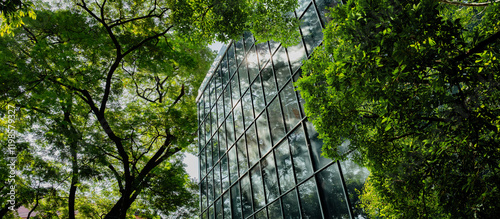 Modern glass office building with big trees around to reduce heat and carbon dioxide. Eco-friendly building and CO2 reduction corporate building. Sustainability concept