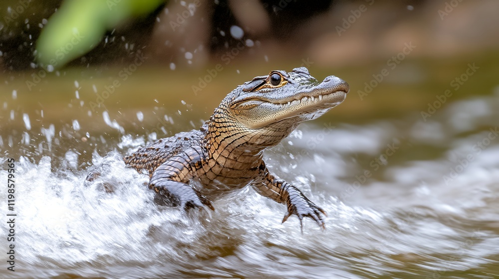A baby alligator in the wild emerges from a river. It creates a splash while making its way out of the water. A baby alligator in the wild emerges from a river. It creates a splash while making its way out of the water.