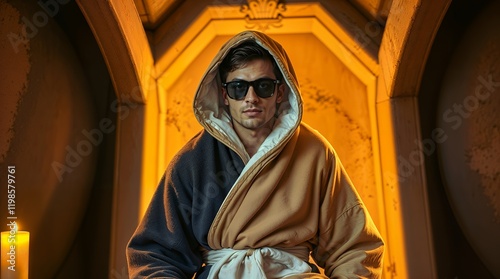 Man wearing sunglasses and a hooded robe is the central figure in this image photo