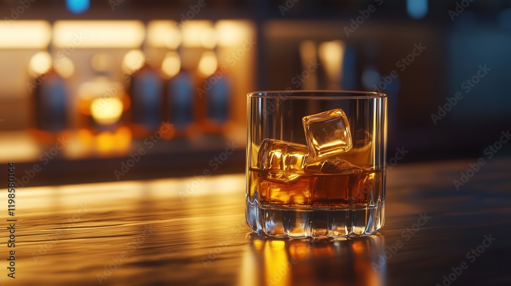 glass of amber whiskey with a few ice cubes, glass of amber whiskey with a few ice cubes,