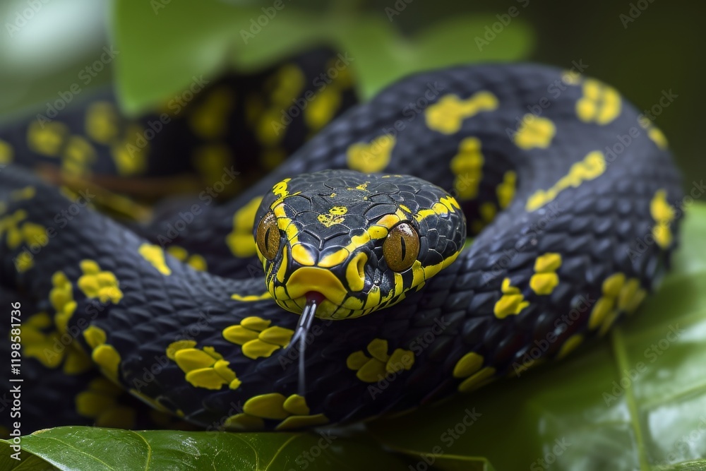 A goldringed cat snake displays defensive posture among lush foliage in its natural habitat, showcasing vibrant yellow patterns against the striking black background during daylight A goldringed cat snake displays defensive posture among lush foliage in its natural habitat, showcasing vibrant yellow patterns against the striking black background during daylight