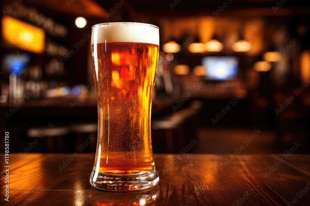 A tall glass of frothy beer sits on a polished wooden table at a lively sports bar, surrounded by friends enjoying the game in the evening atmosphere A tall glass of frothy beer sits on a polished wooden table at a lively sports bar, surrounded by friends enjoying the game in the evening atmosphere