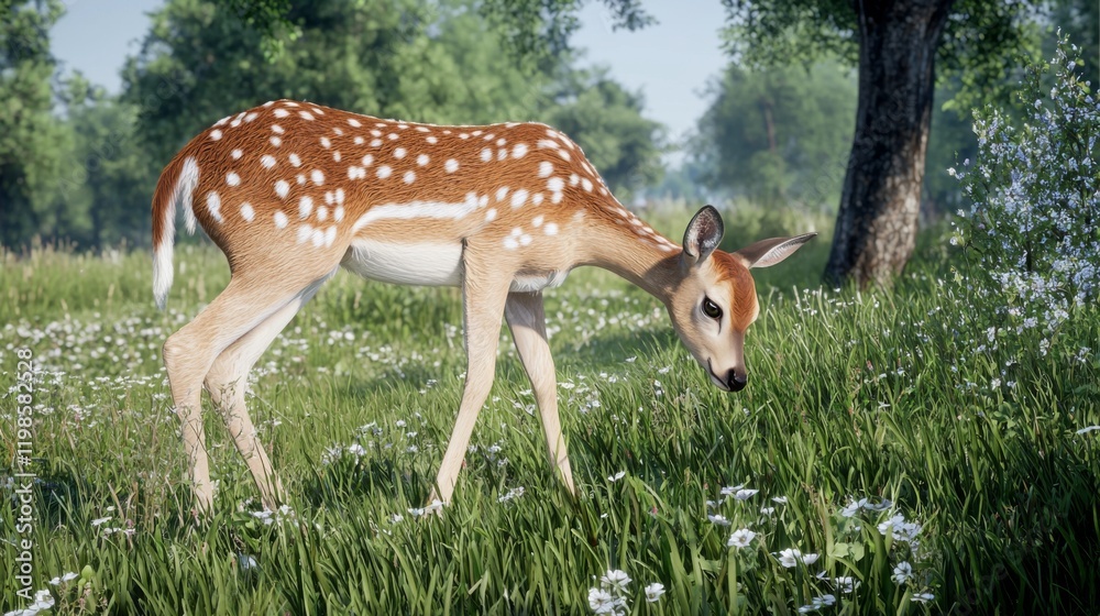 Young Fawn Grazing in Spring Meadow Wildlife Nature Scene Spotted Deer Young Fawn Grazing in Spring Meadow Wildlife Nature Scene Spotted Deer