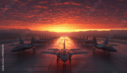 Fighter jets sunrise runway airbase formation