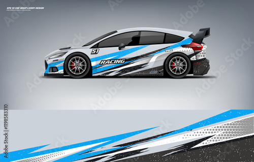 Sporty Car branding mockup with racing wrap decal or livery design, Hatchback wrap white and blue livery design