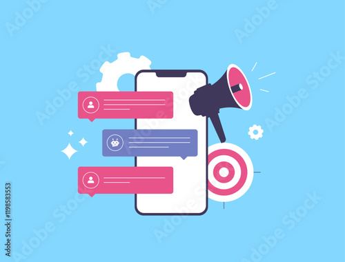 Conversational Marketing with AI Chatbots. Create engaging, personalized conversations with customers using AI chatbots. Chatbot interacting with users via messaging apps vector illustration