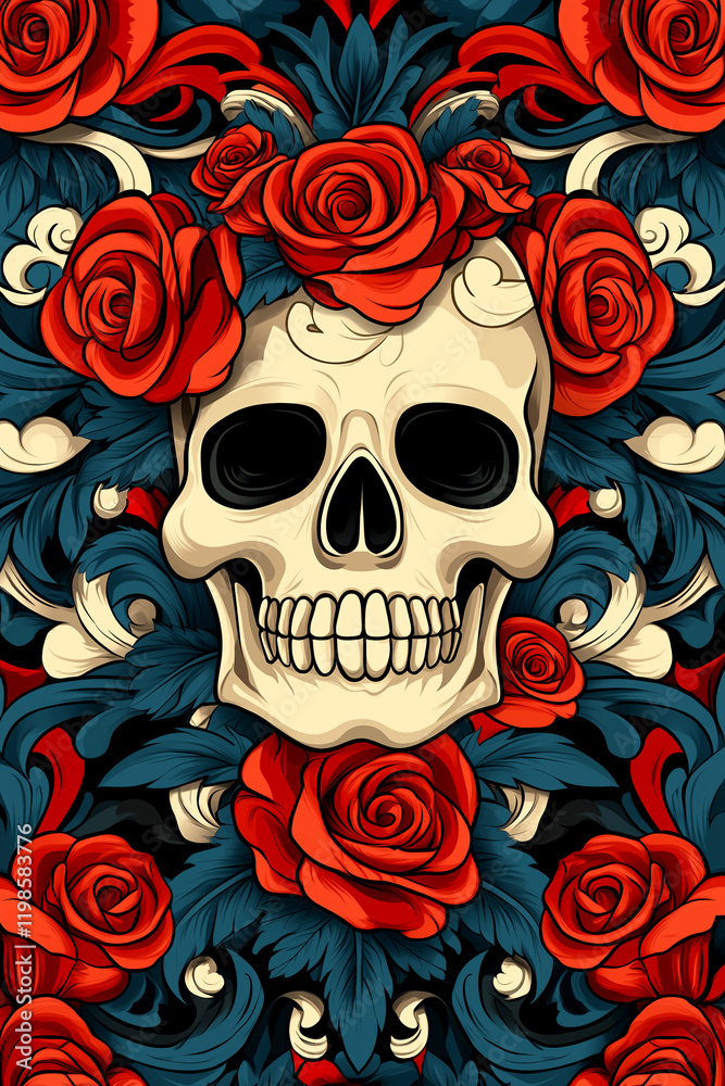 A skull with roses and leaves surrounding it A skull with roses and leaves surrounding it