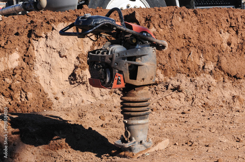 An idle tamping rammer vibratory asphalt, soil plate compactor on a construction site, positioned in a dirt area with visible layers of excavated earth in the background photo