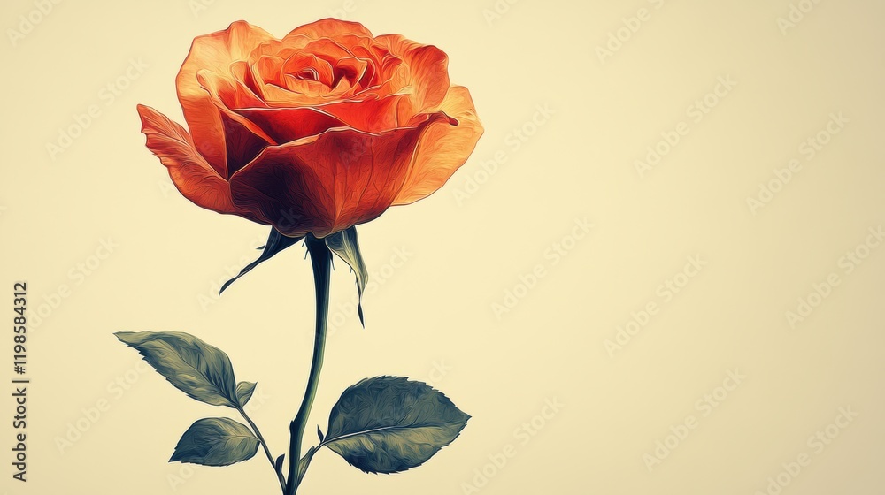 Obraz premium Vibrant Orange Rose Flower with Green Leaves on Simple Background