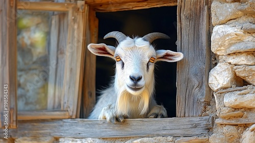 Curious goat peering from rustic window, stone building backdrop; farm animal portrait photo