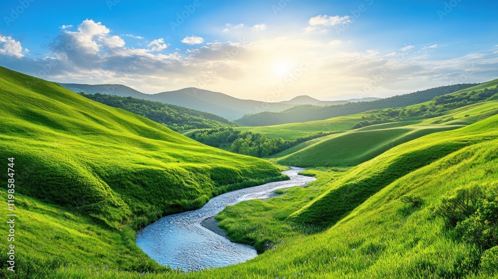 Obraz premium Serene sunlit river meandering through lush green rolling hills and mountains under a vibrant blue sky.
