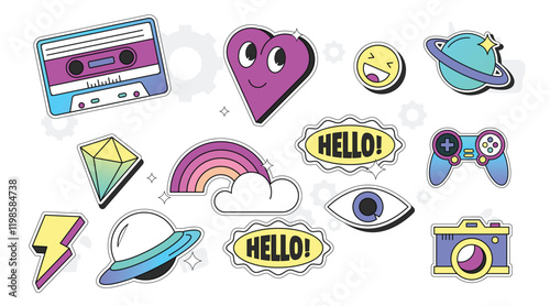 Modern Cute 80s-90s Retro Girl Power Isolated Fashion Cartoon Illustration Set Suitable for Badges, Pins, Sticker, Patches, Fabric, Denim, Embroidery and Other Girly Related Purpose