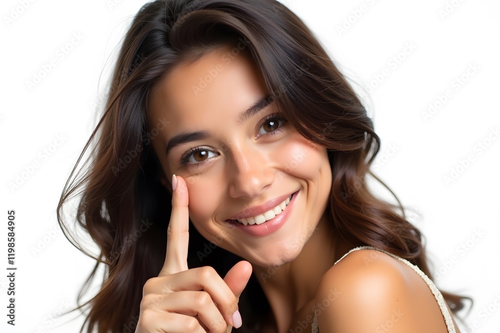 Charming young woman pointing with finger to her side, looking at camera, isolated on plain white background Charming young woman pointing with finger to her side, looking at camera, isolated on plain white background