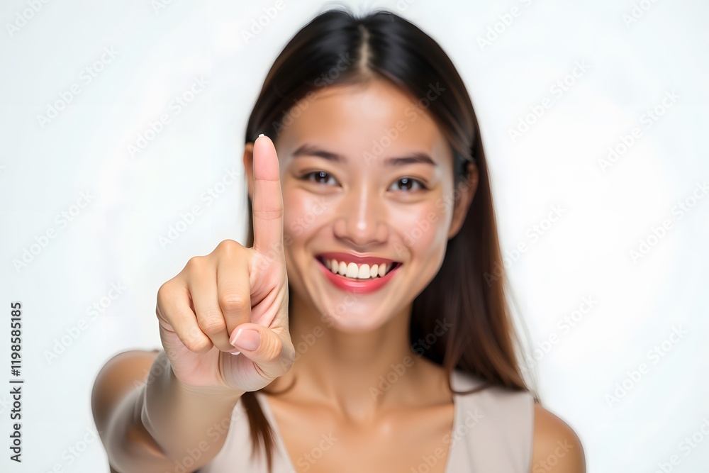 Charming young woman pointing with finger to her side, looking at camera, isolated on plain white background Charming young woman pointing with finger to her side, looking at camera, isolated on plain white background