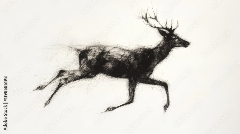 Fototapeta premium Line-drawn abstract painting of a realistic deer running with its shadow following behind.