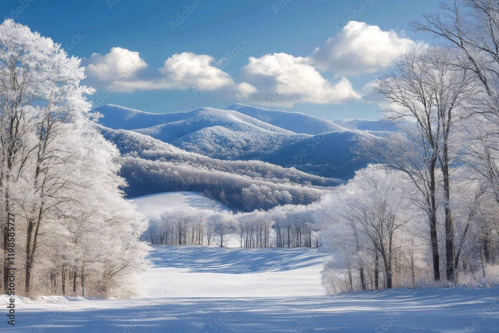Snow covered trees framing rolling hills and mountains in winter Snow covered trees framing rolling hills and mountains in winter