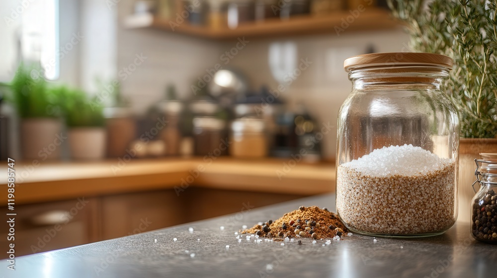 cozy kitchen scene with a large jar of sea salt, ground black pepper, and a selection of dried spices ready for cooking on a countertop cozy kitchen scene with a large jar of sea salt, ground black pepper, and a selection of dried spices ready for cooking on a countertop